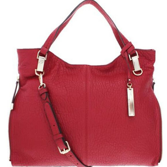 Vince Camuto Eliza Pebbled Leather Tote Shoulder Strap Red /Brass Trim /Dust Bag - Picture 1 of 10
